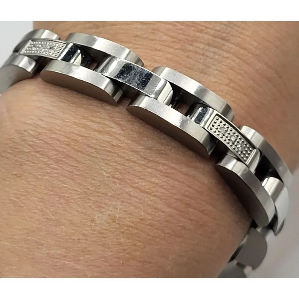 Men's Brushed Polished Stainless Steel Semi-Circle Link CZ Stripe Bracelet 8.5in